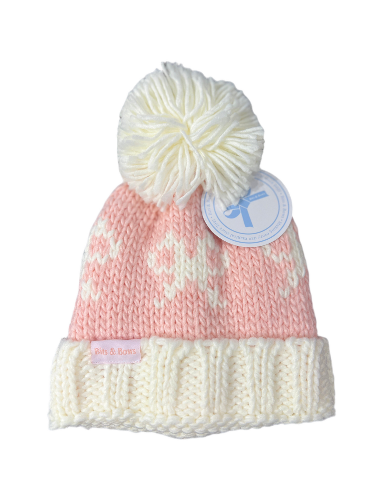 Bow Knit Beanie - Pink/White