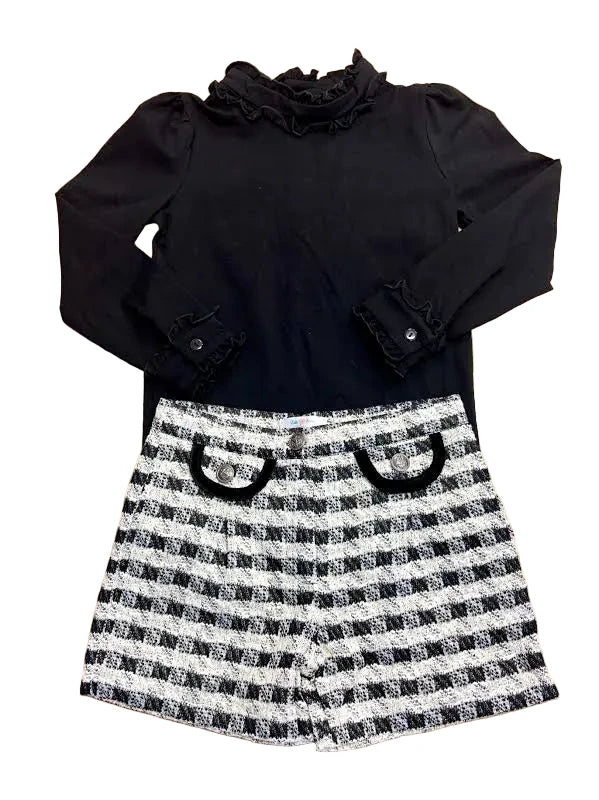 Black LS Ruffle Collar Top