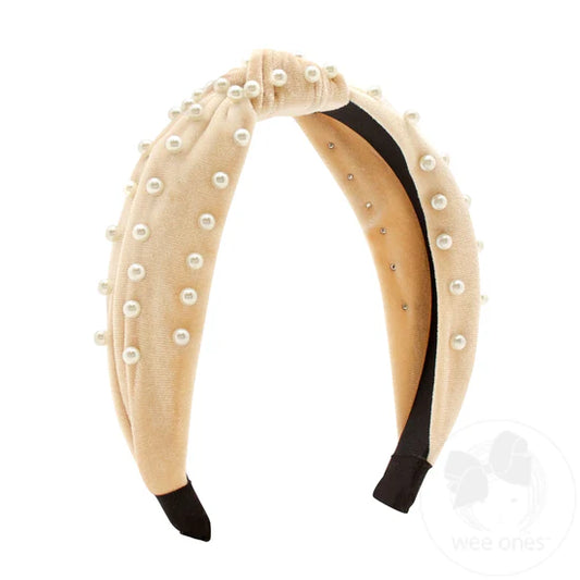 Velvet Wrapped Knot Headband with Faux Pearls - Nude