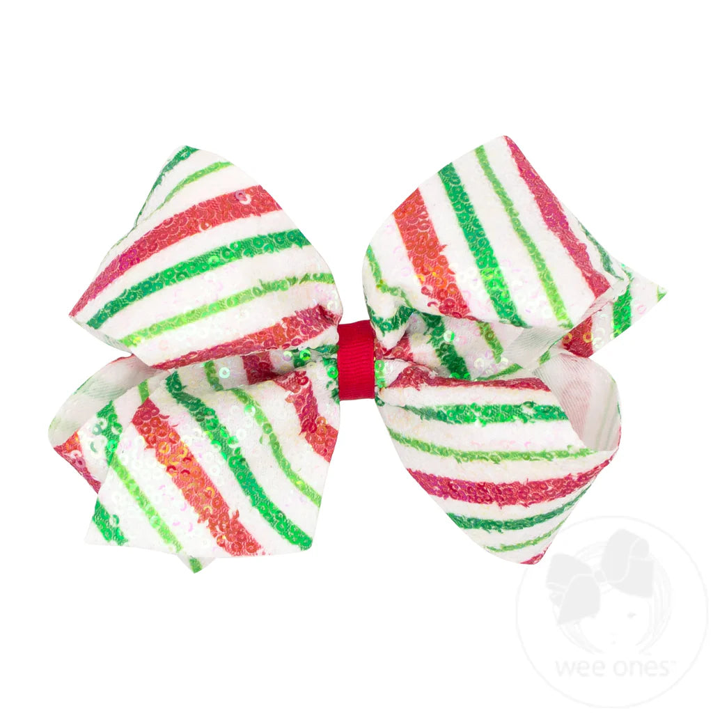 King Stripe Print Sequin Bow - Red & Green