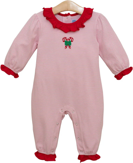 Candy Cane Embroidery Ruffle Romper