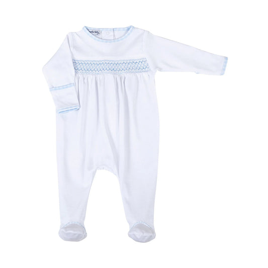 Essentials Smocked White Footie with Blue Trim