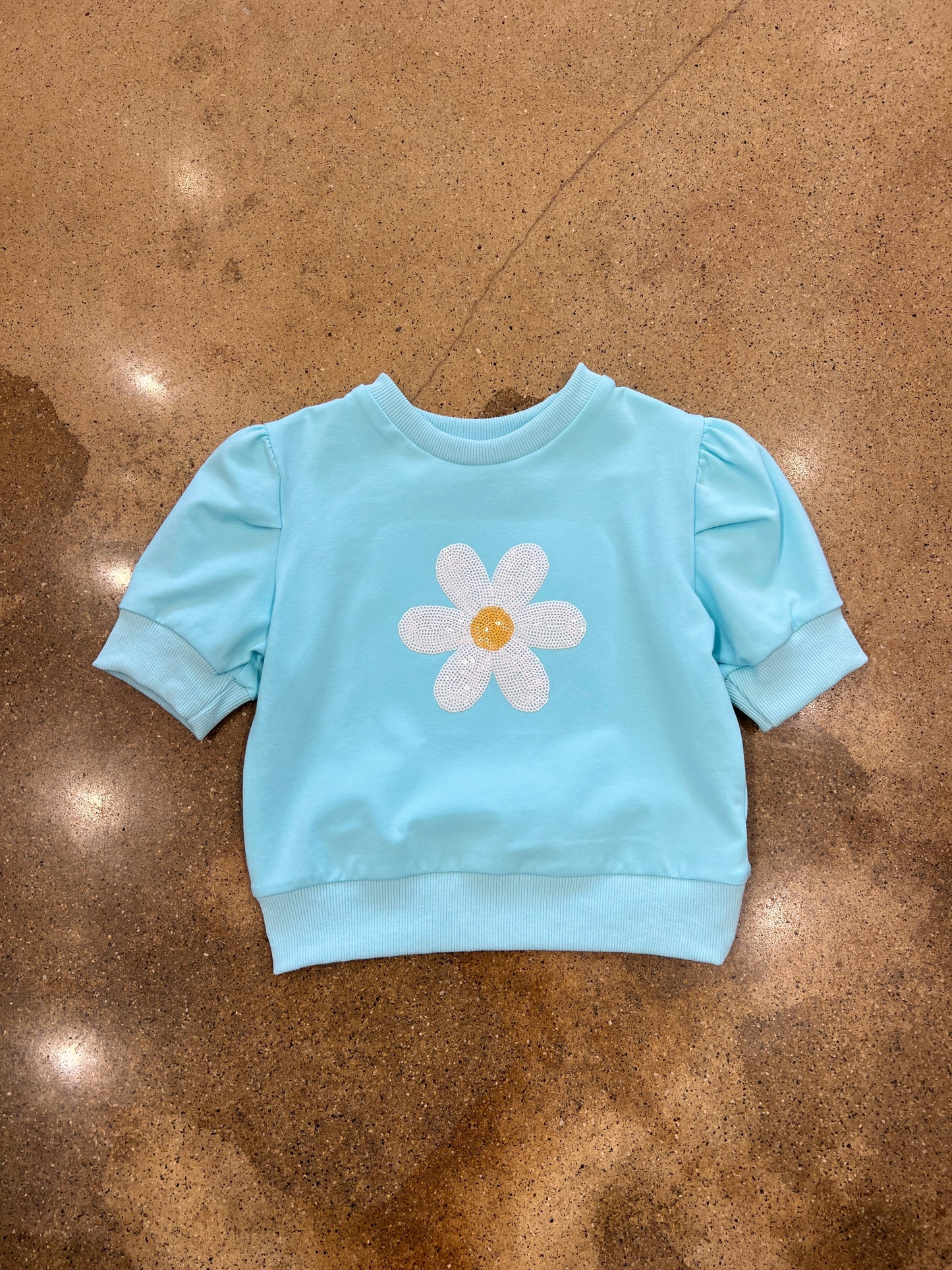 Daisy Sequin Puff Sleeve Aqua