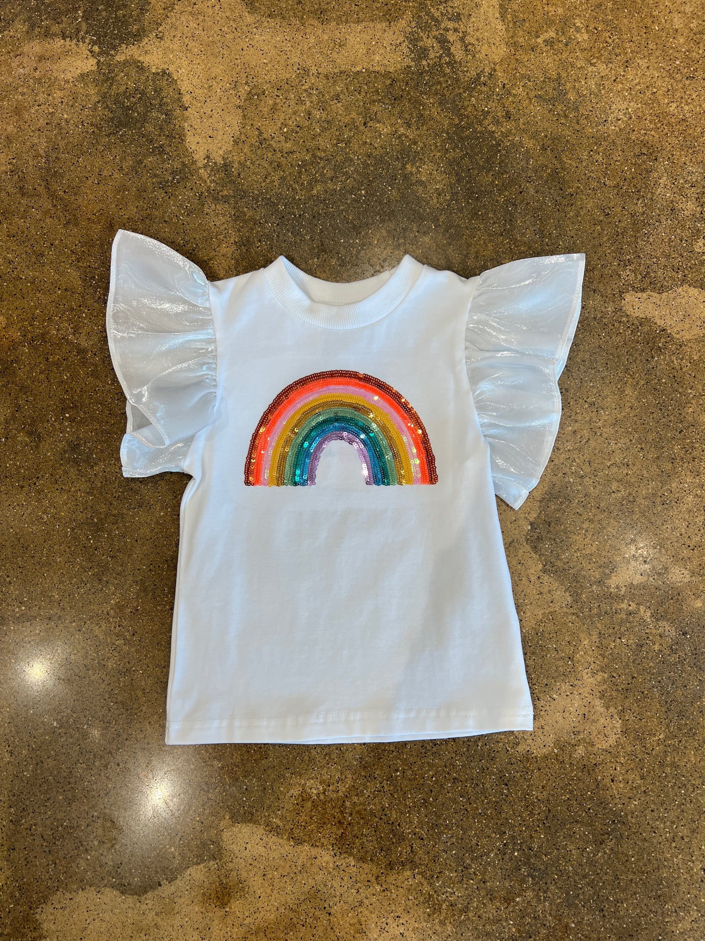 Rainbow Sequin White Flutter Sleeve