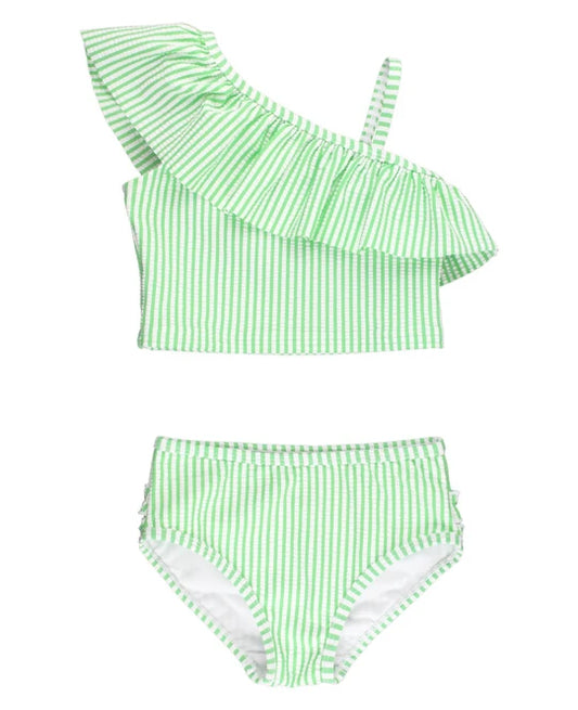 Spring Green Seersucker One Shoulder Tankini